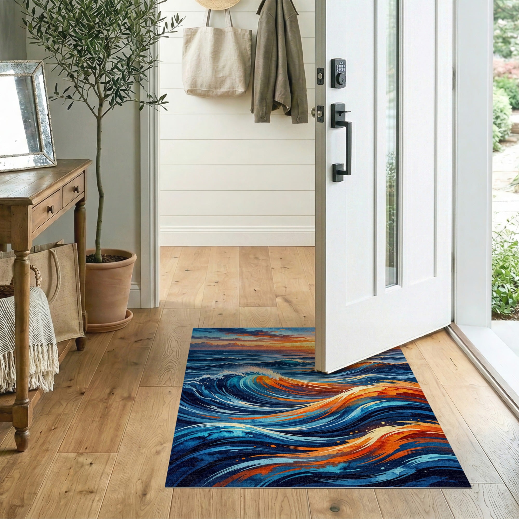 ODIKA Ocean Wave Sunset Abstract Washable Area Rug - Non-Slip Low Pile Seascape