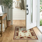 Elegant Ivory Peony Floral Area Rug with Burgundy Border