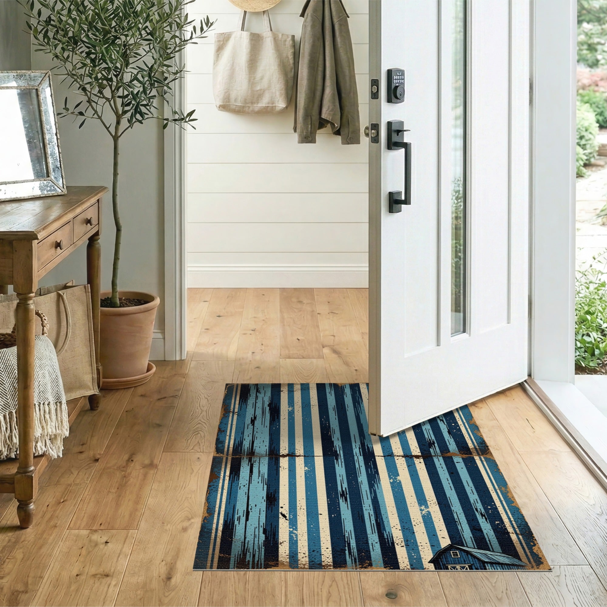Distressed Blue Striped Barn Vintage Area Rug