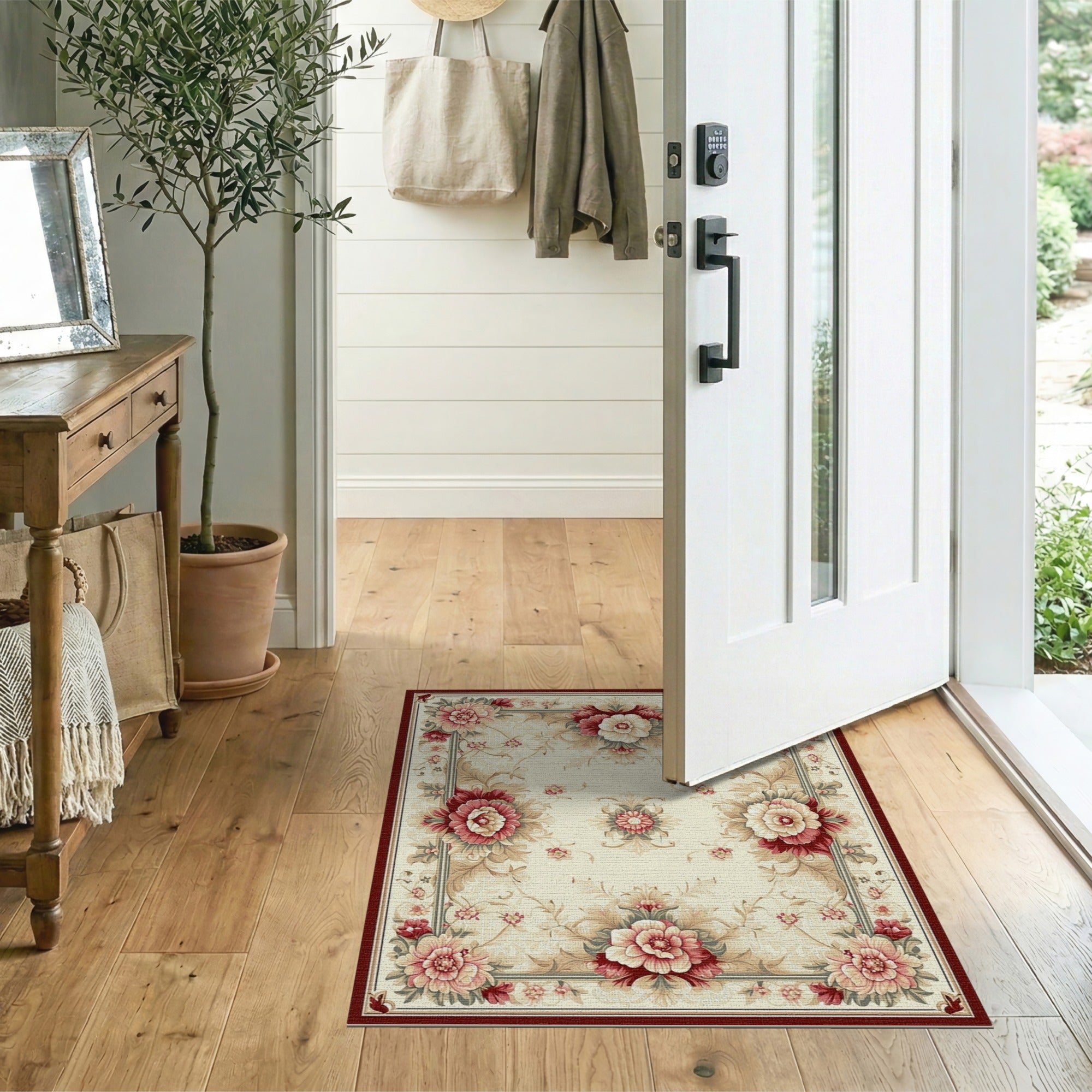 ODIKA Washable Traditional Floral Area Rug - Non-Slip Low Pile Vintage Cream & Burgundy Rug