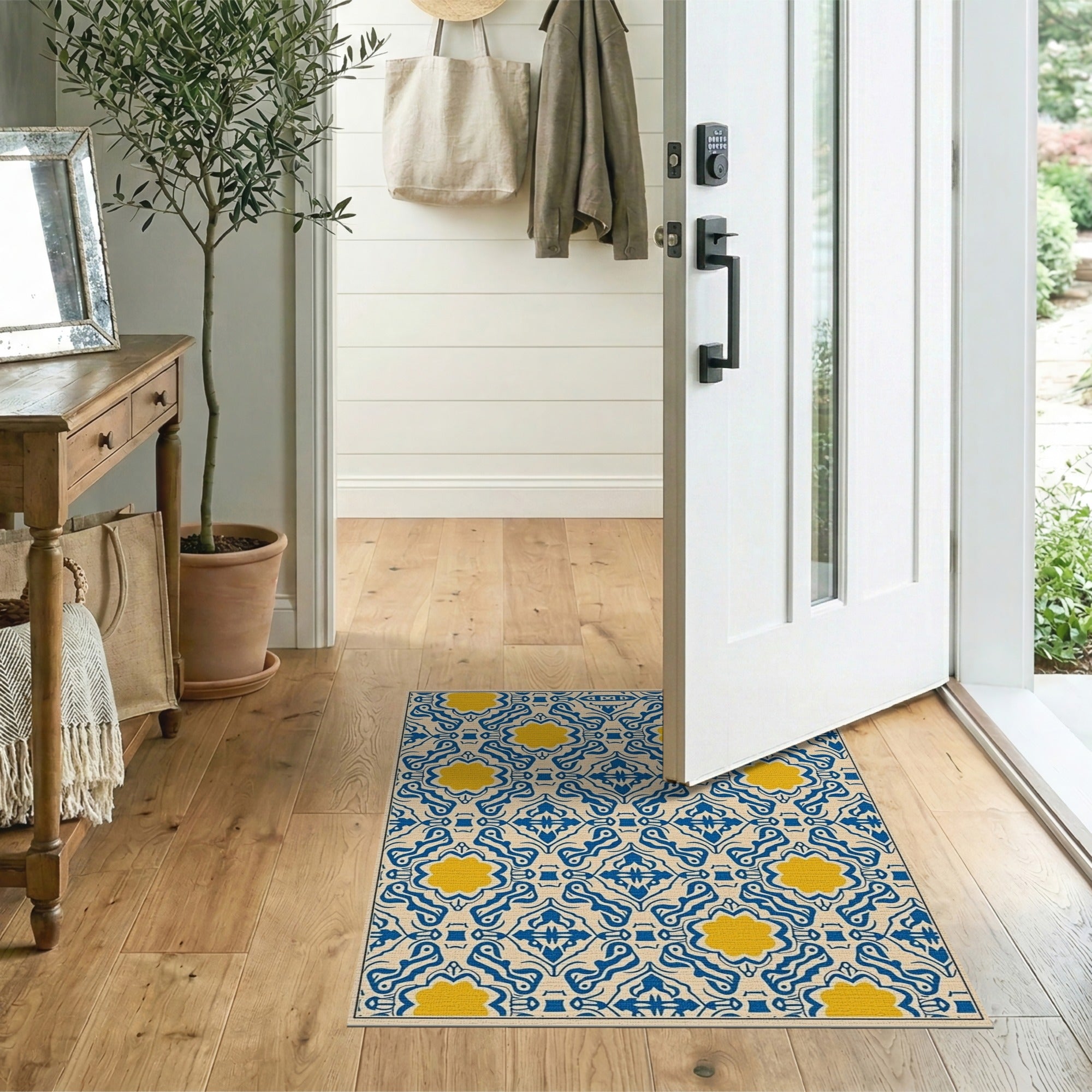Blue Yellow Tile Pattern Geometric Area Rug