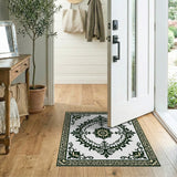 Beige and Neutral Ornate Black Ivory Floral Medallion Rug