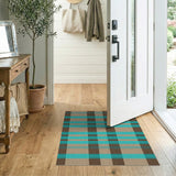 Teal Brown Tan Plaid Woven Area Rug