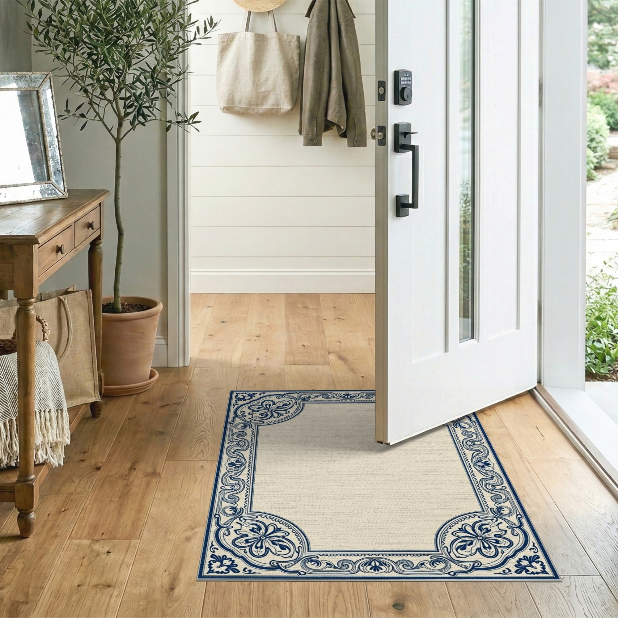 Blue and Teal Navy Blue Ornate Floral Border Area Rug