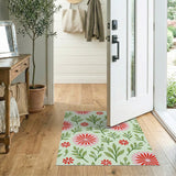 Vibrant Pink Floral Area Rug with Green Leaves
