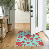 Vibrant Red Gerbera Floral Teal Area Rug