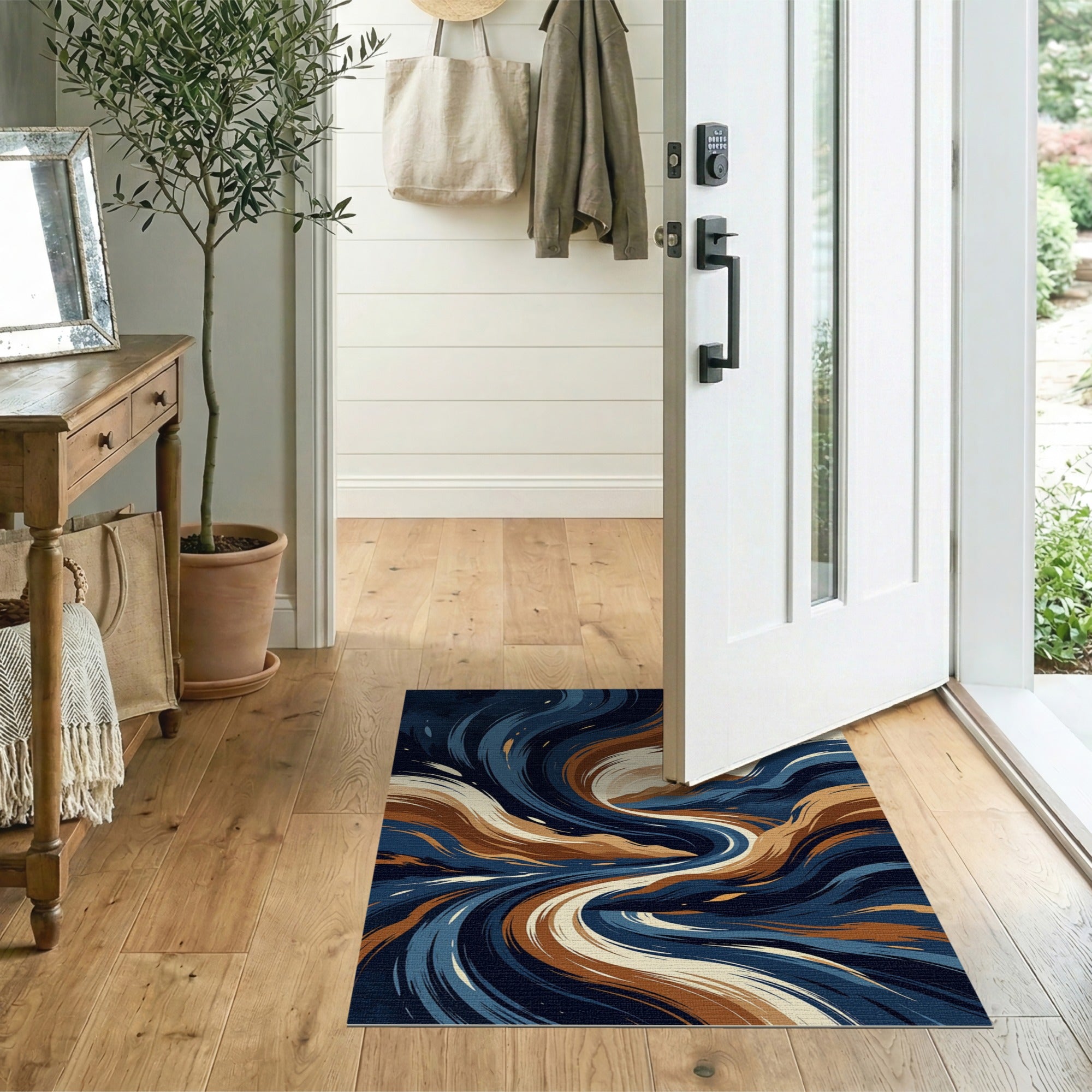 ODIKA Washable Abstract Swirl Area Rug - Navy & Copper Modern Low Pile Non-Slip Carpet