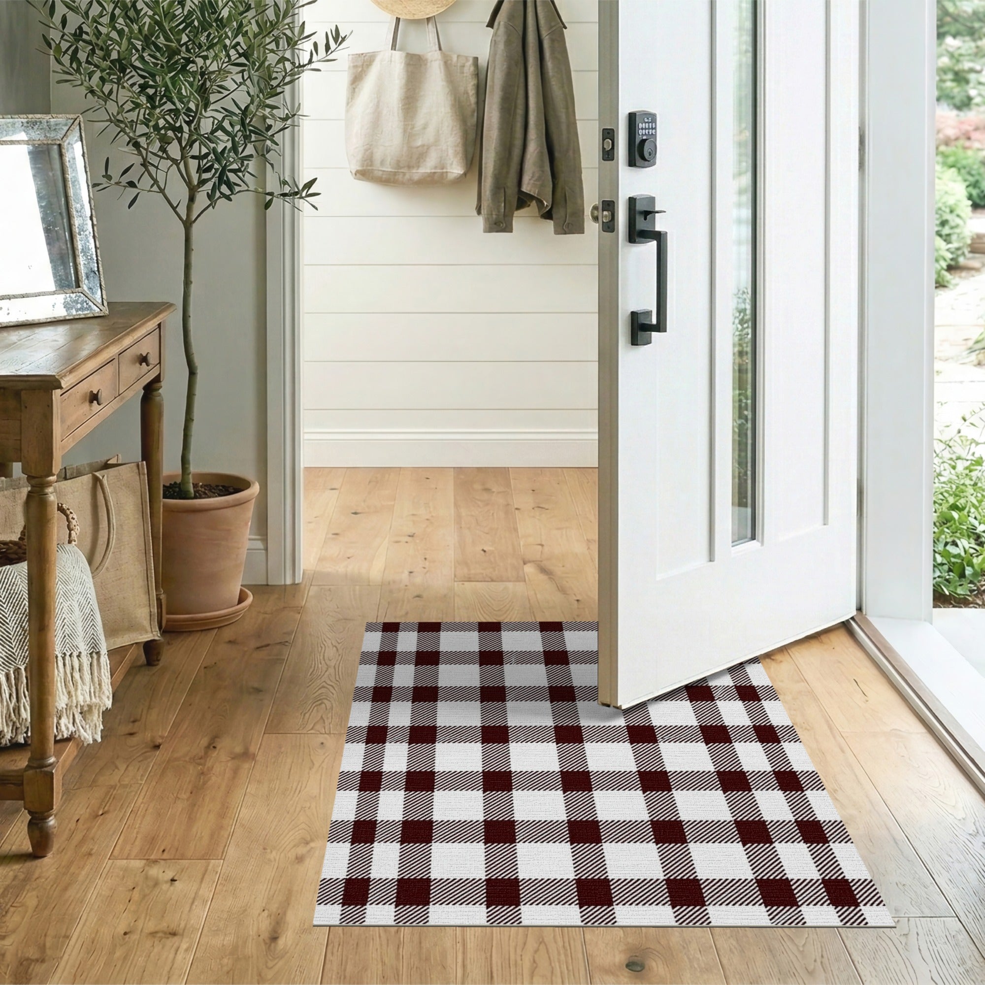 Burgundy White Buffalo Check Area Rug