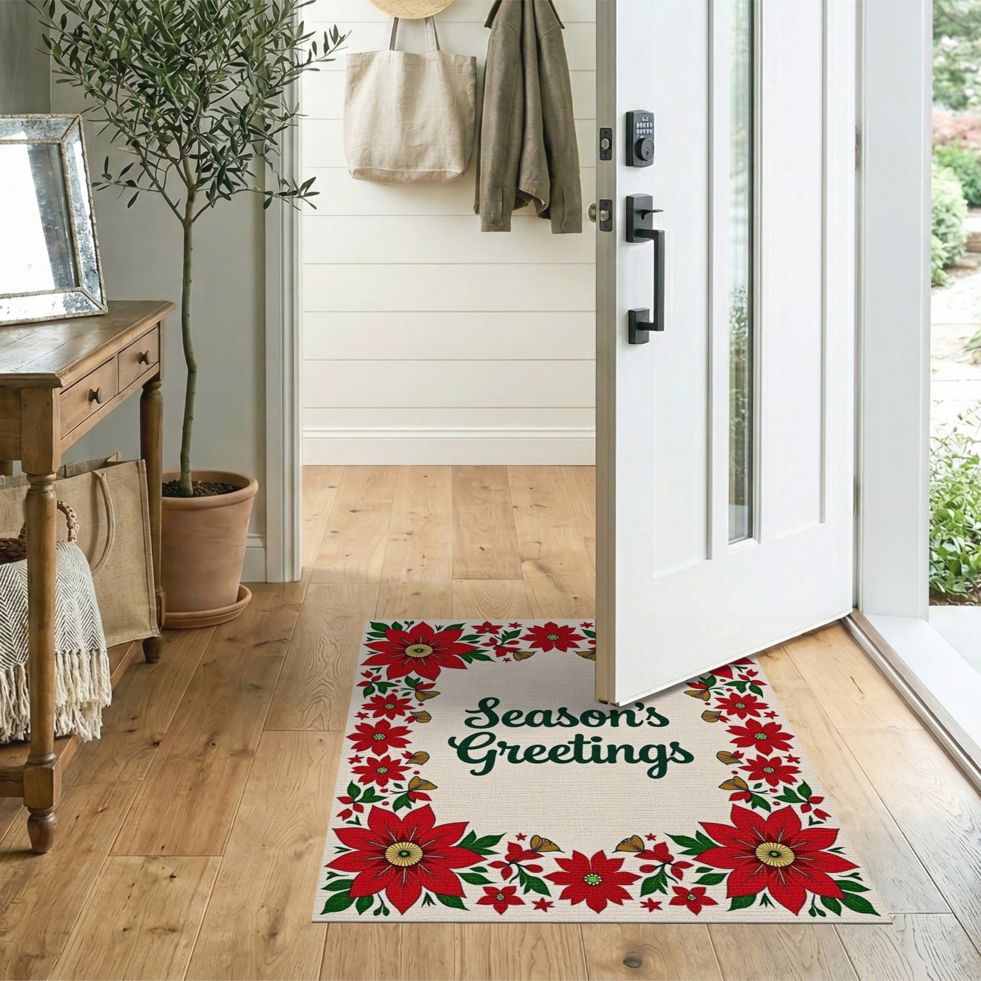 Season's Greetings Poinsettia Area Rug