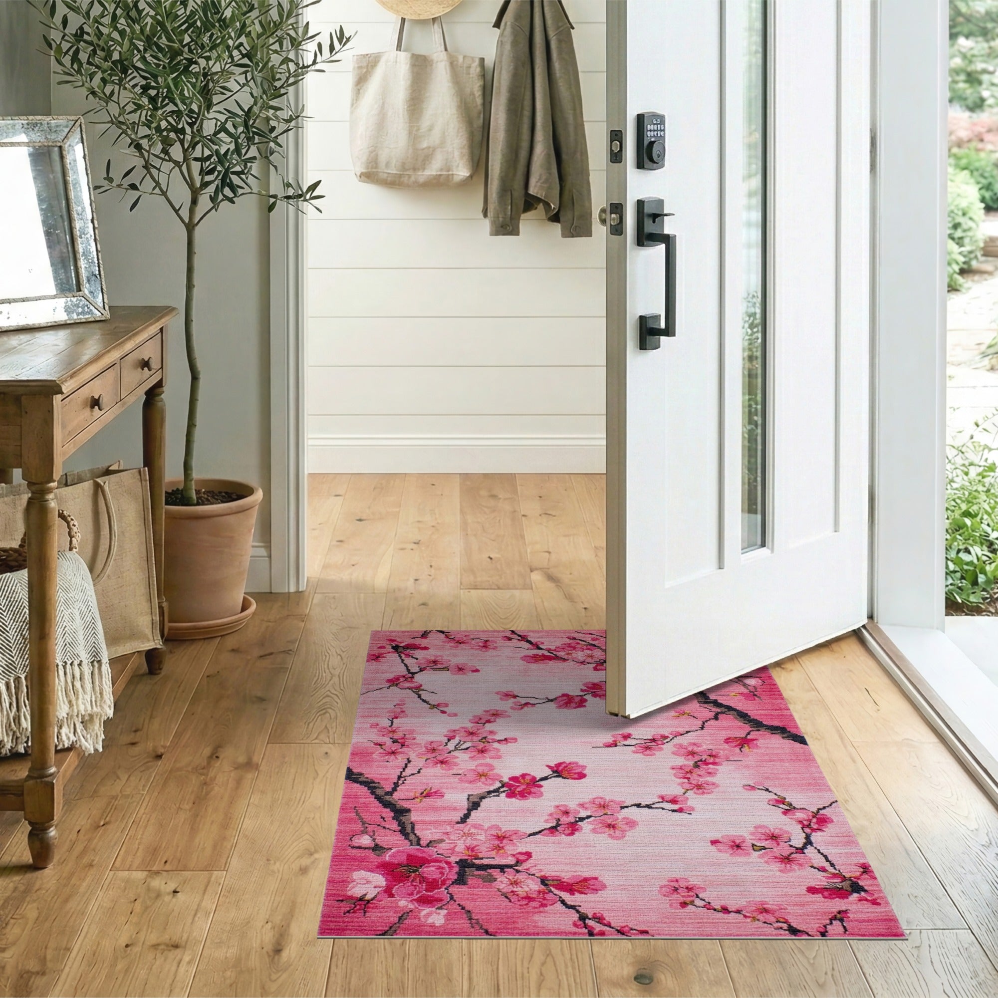 Pink Pink Cherry Blossom Floral Area Rug
