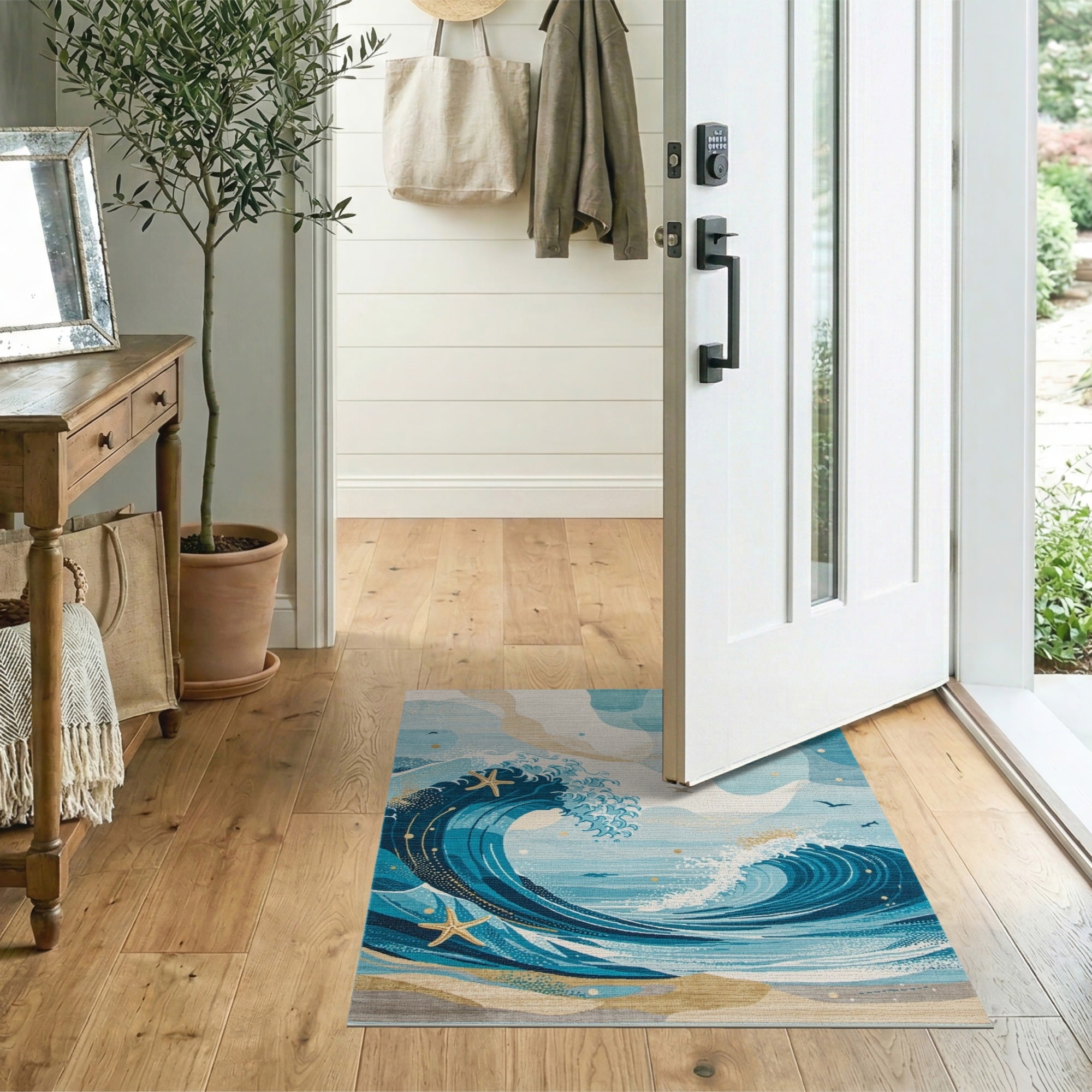 Coastal Ocean Waves Blue Teal Area Rug with Starfish