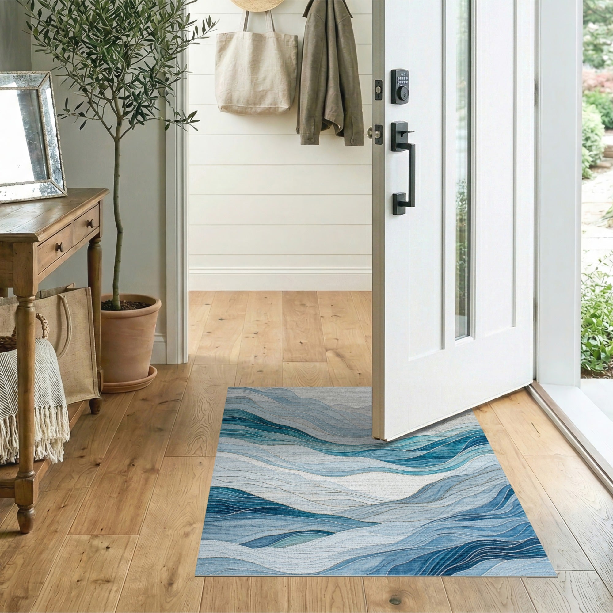 Abstract Blue Teal Wave Mountains Area Rug
