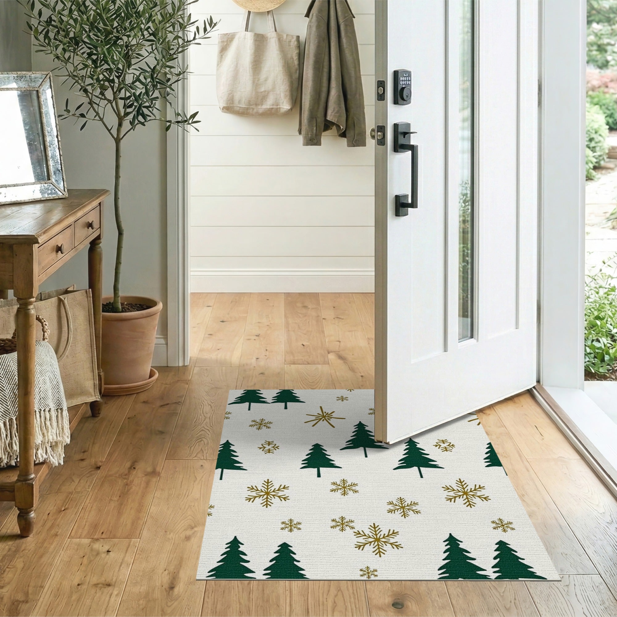 Winter Pine Tree Gold Snowflake Area Rug