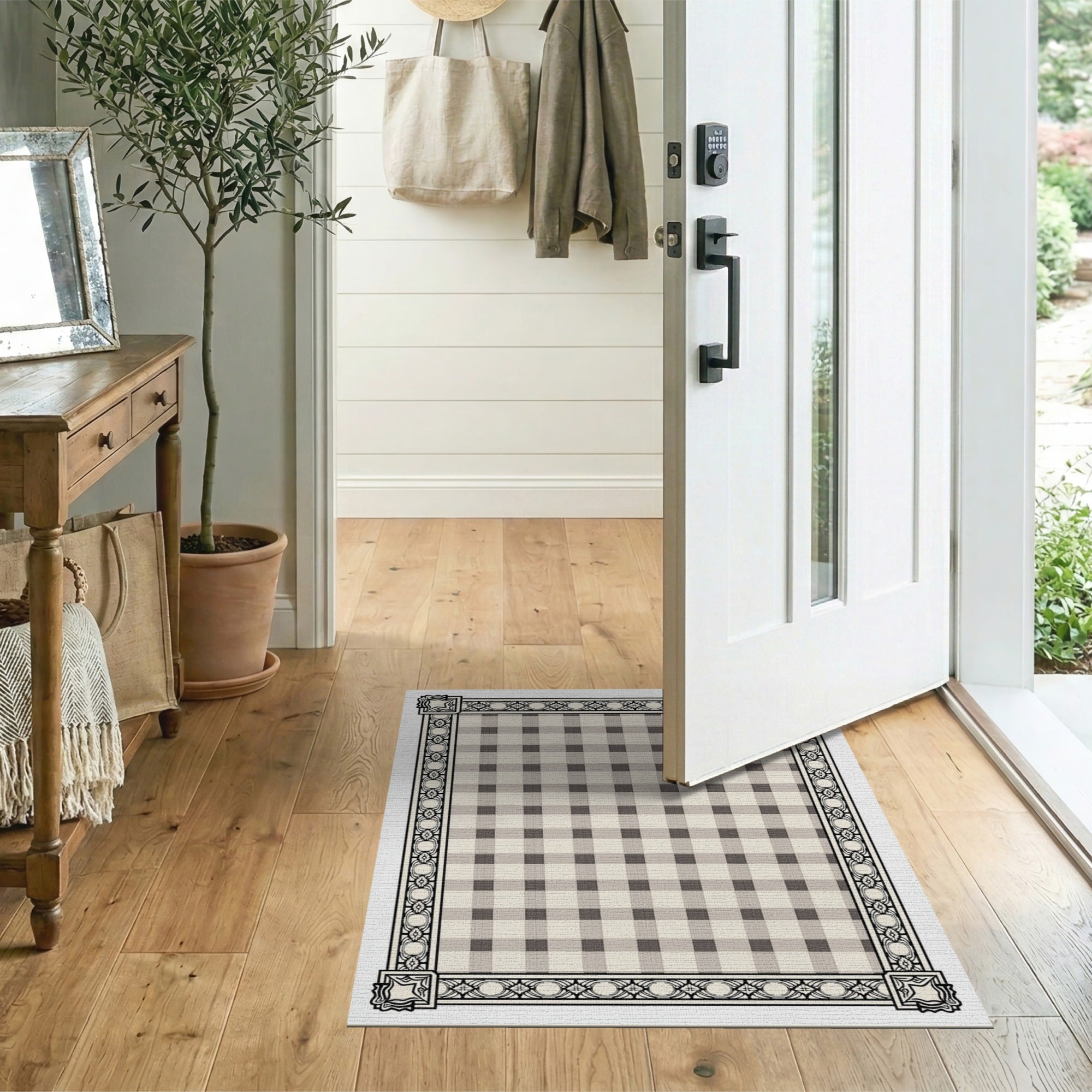 Farmhouse Gingham Check Area Rug with Ornate Border