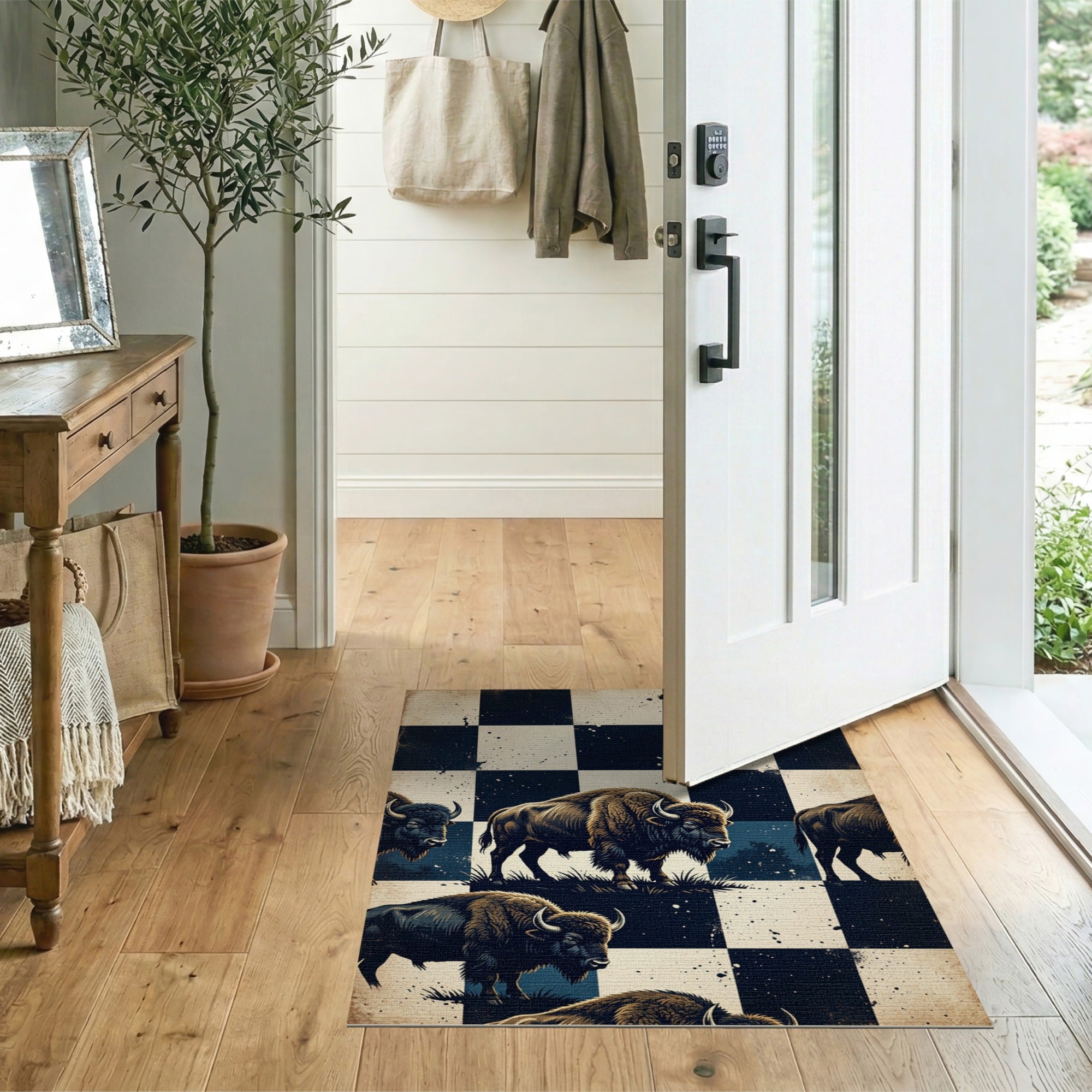 Distressed Vintage Bison Checkered Rug