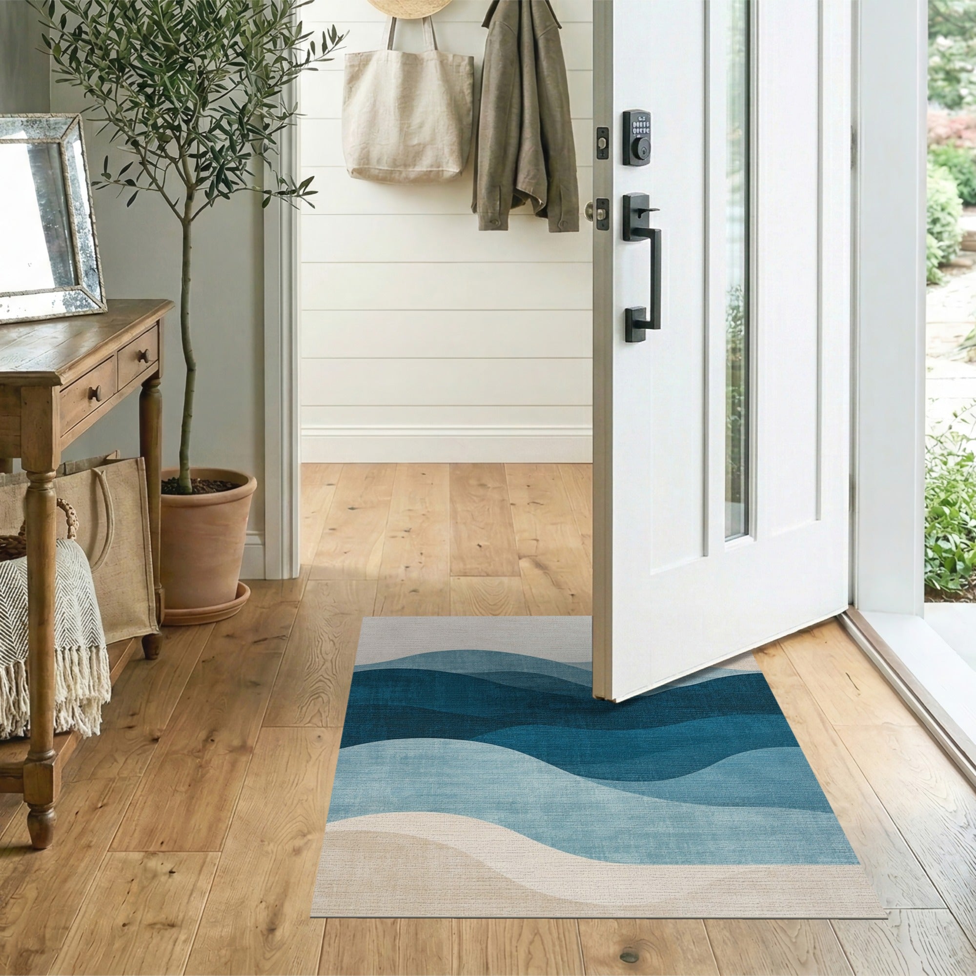Abstract Area Blue and Teal Layered Blue Waves Abstract Area Rug
