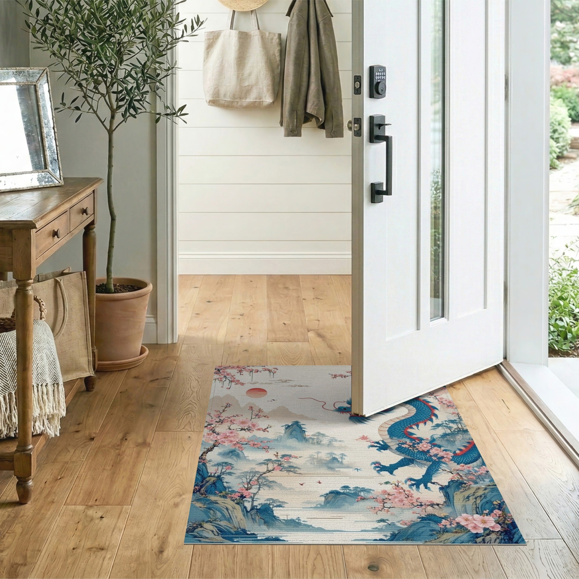 Blue Dragon Cherry Blossom Washable Area Rug