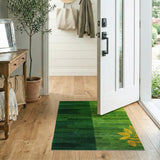 Green Gradient Striped Area Rug with Golden Leaf