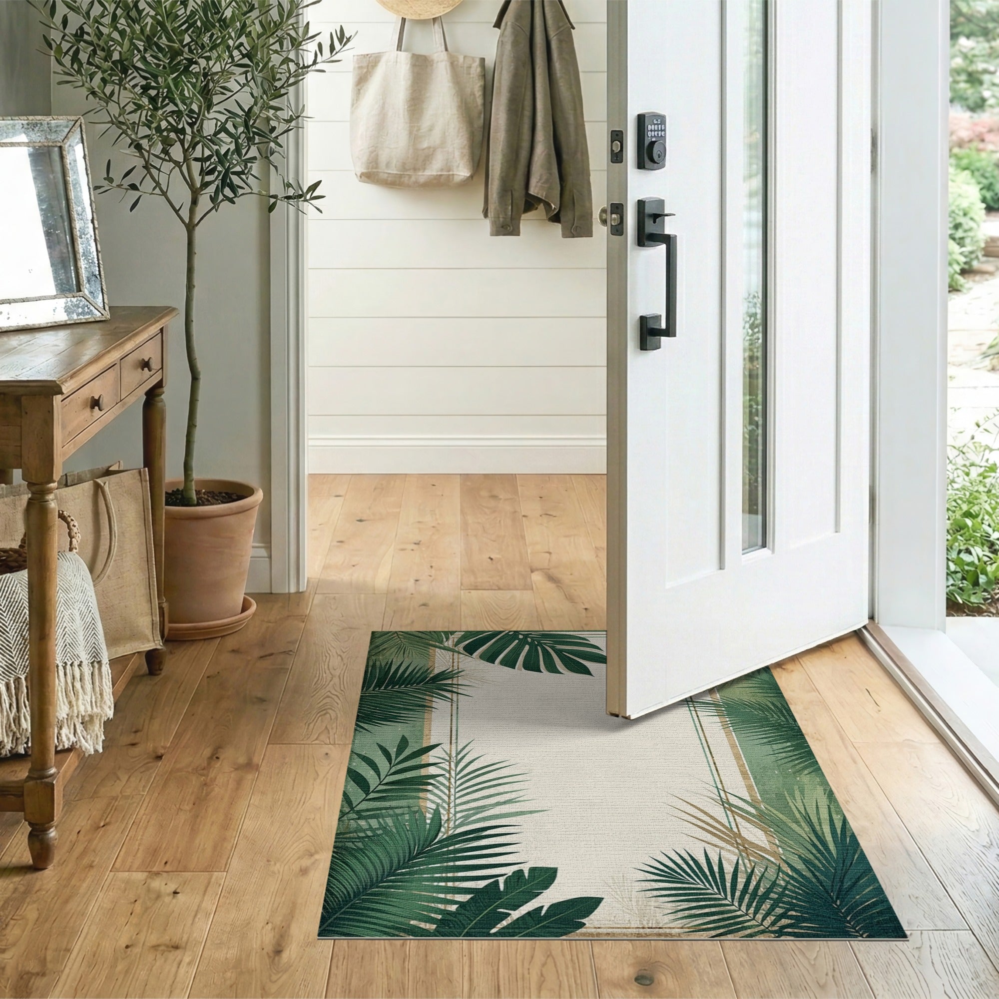 Vintage Green Palm Leaf Border Area Rug