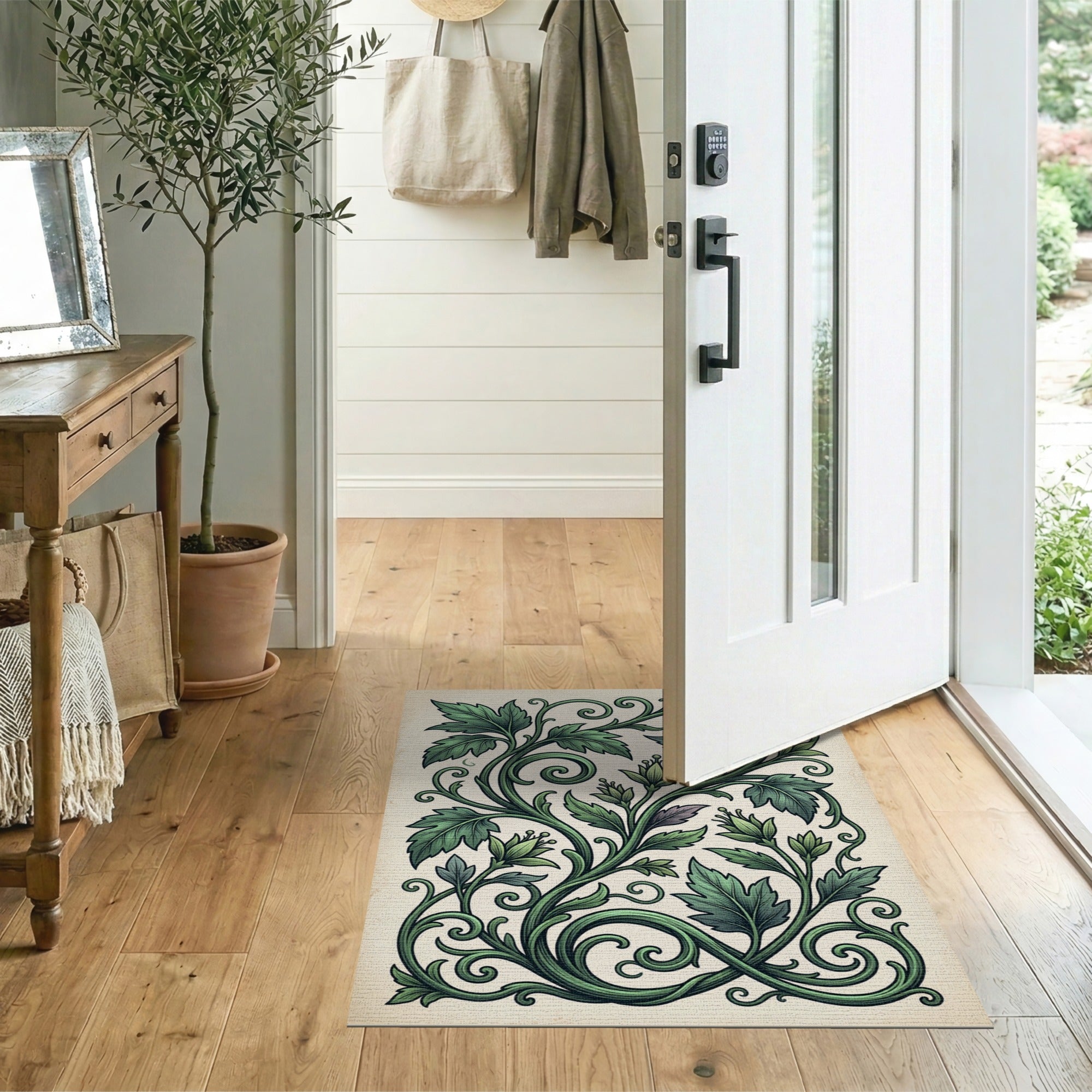 Vintage Green Vine Leaf Swirl Area Rug