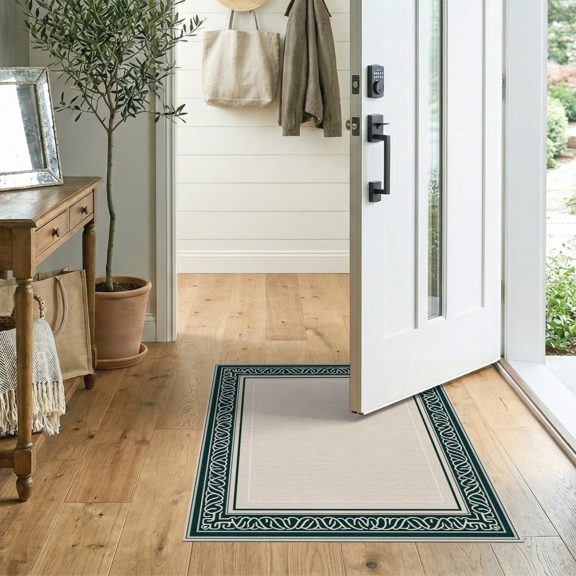 Beige Area Rug with Ornate Green Vine Border