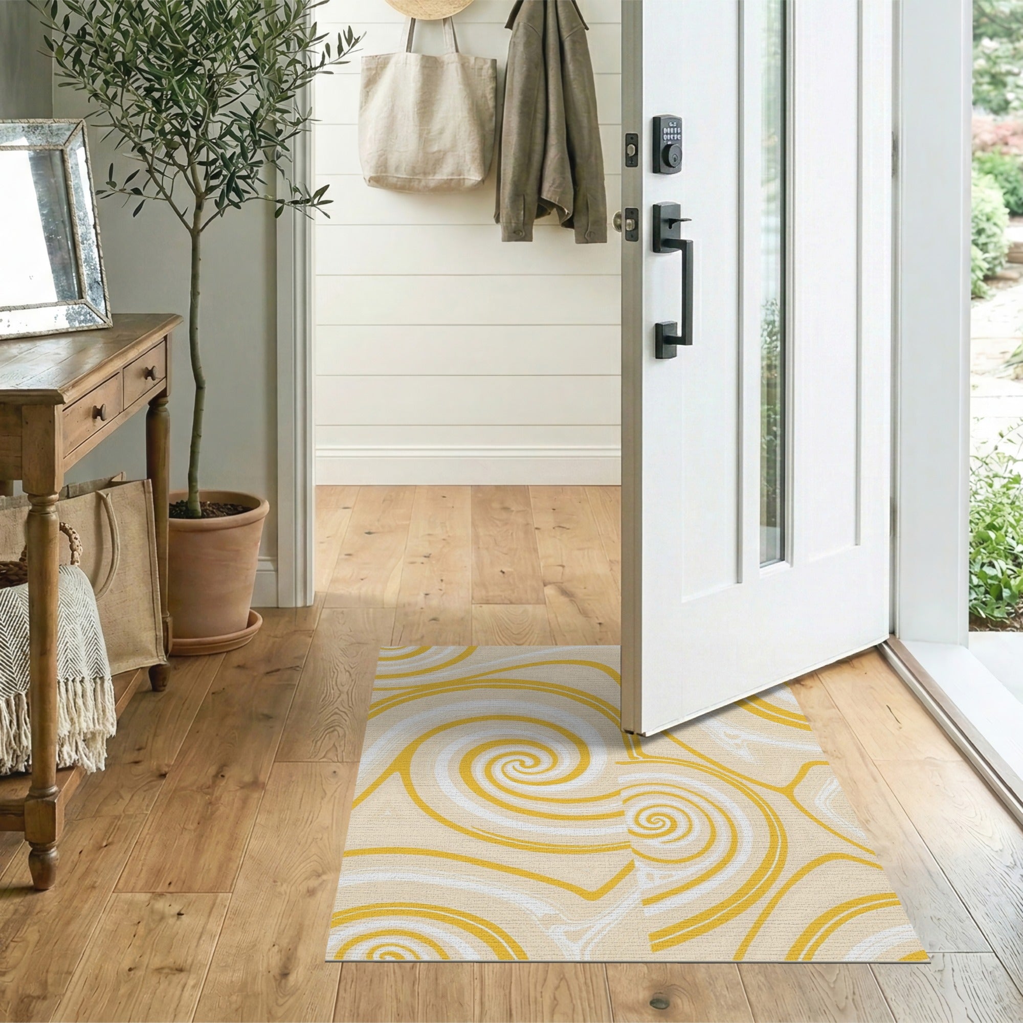 Vibrant Yellow Swirl Abstract Area Rug