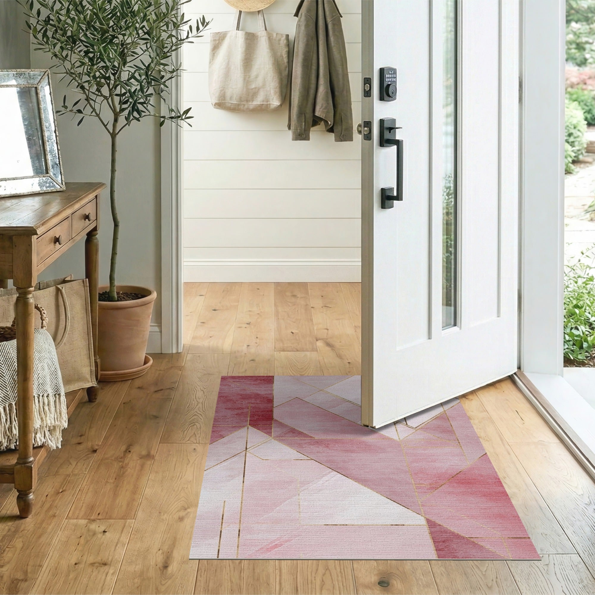 ODIKA Washable Abstract Geometric Pink Area Rug - Modern Watercolor Non-Slip Low Pile Rug