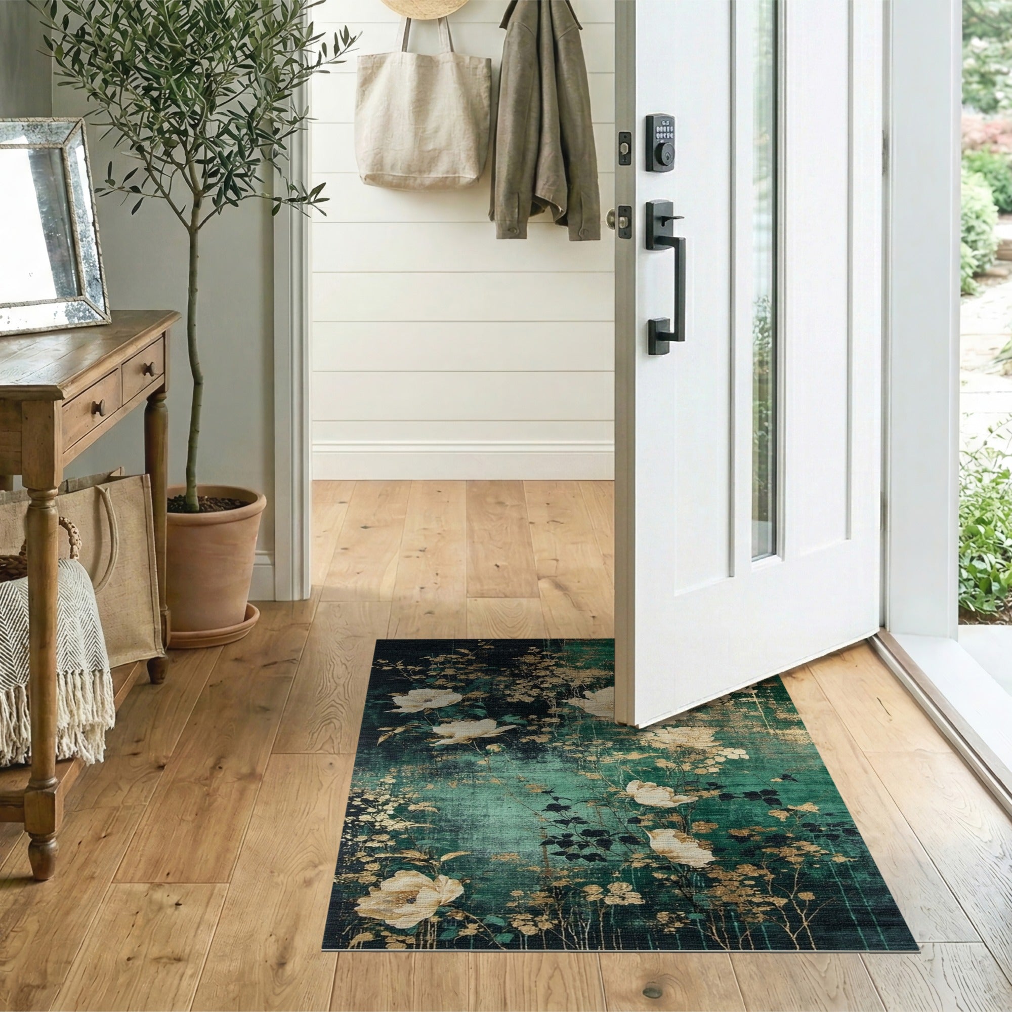 ODIKA Washable Emerald Green and Gold Floral Area Rug, Low Pile Non-Slip Vintage Chinoiserie Carpet