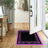 Pink Floral Vine Border Black Area Rug