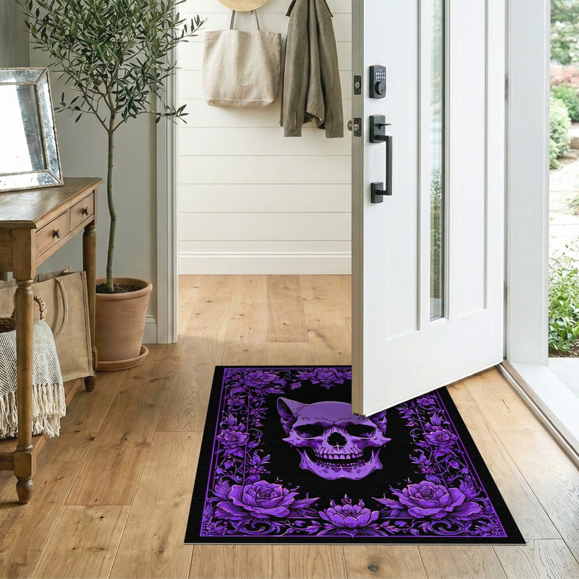 Purple Cat Skull with Ornate Peony Floral Rug