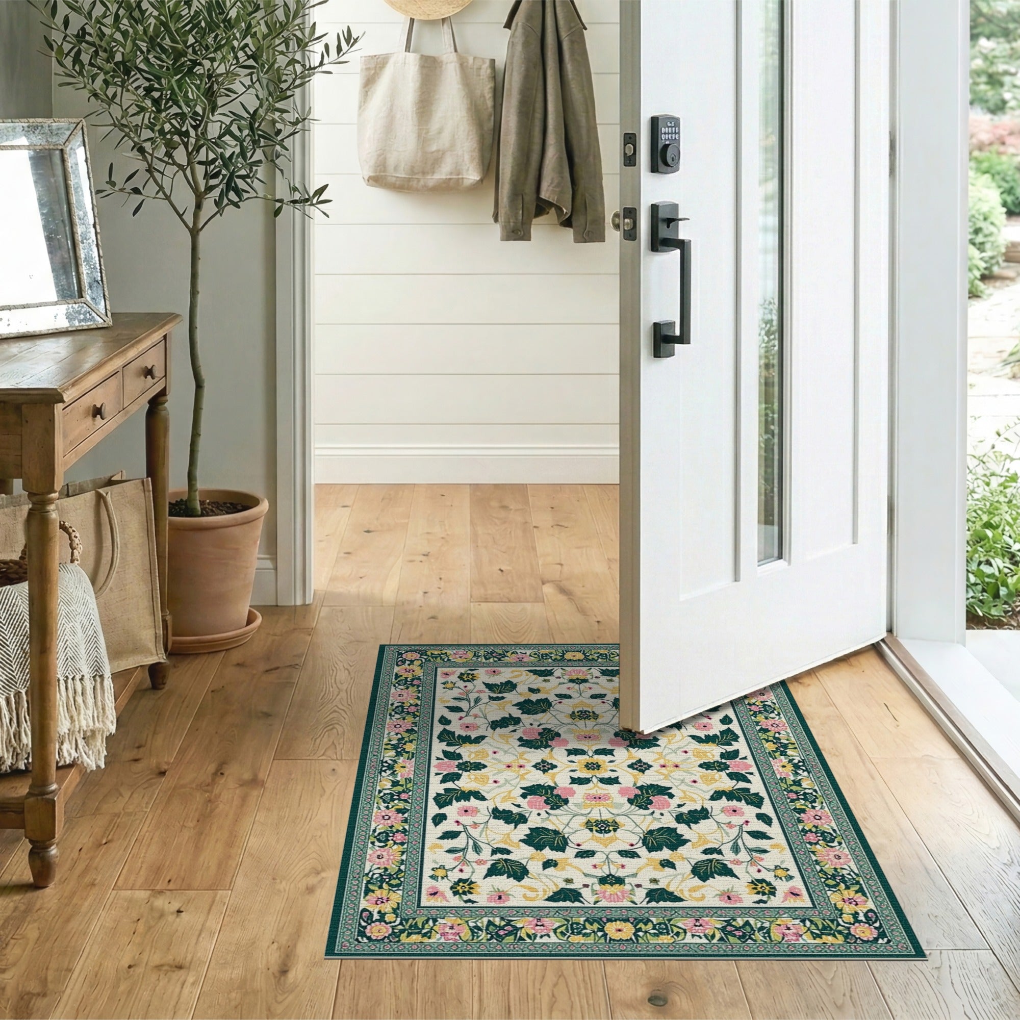 Vintage Floral Cream Area Rug with Green Vines Pink Blooms