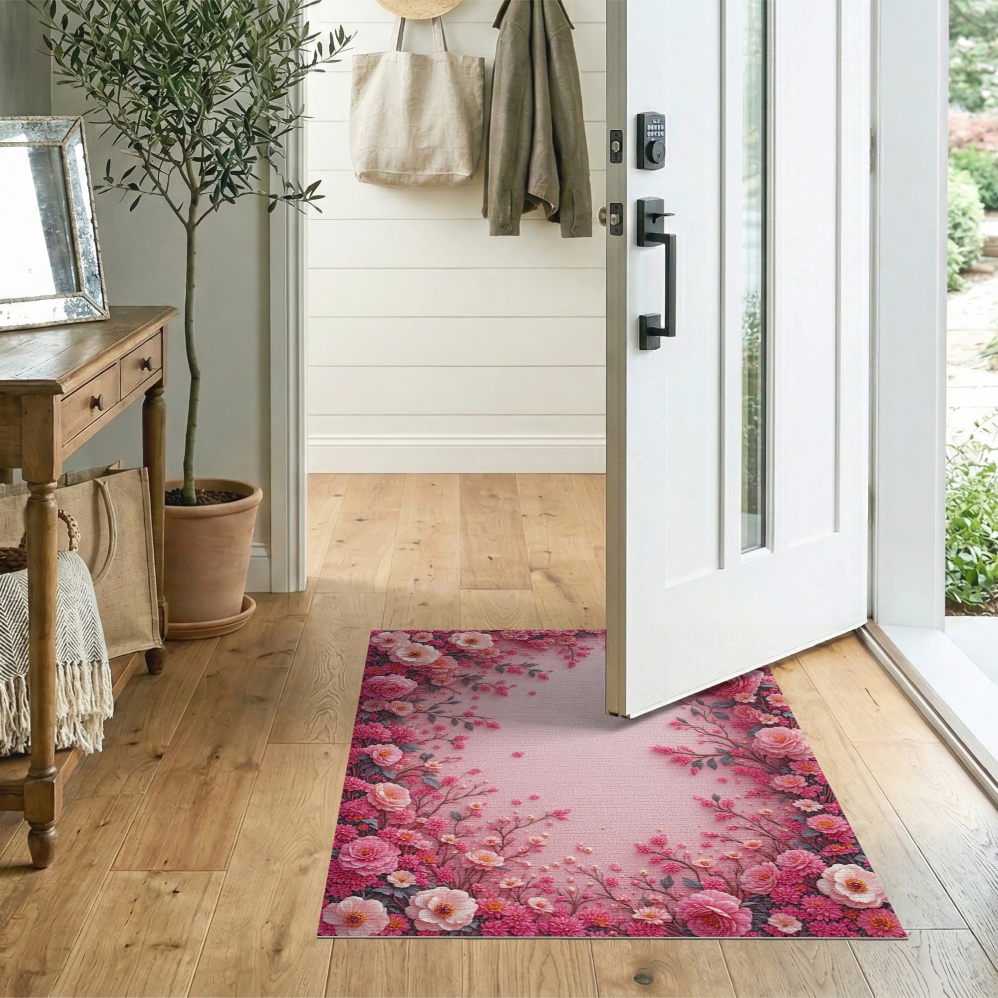 Blush Pink Embroidered Rose Floral Area Rug