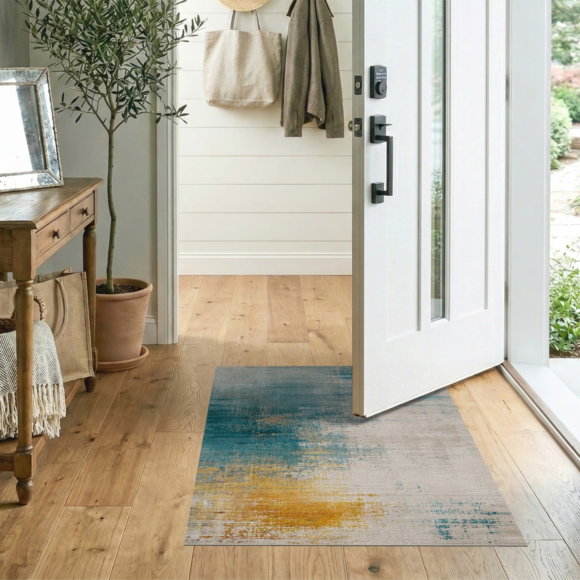 Teal Grey Distressed Abstract Area Rug