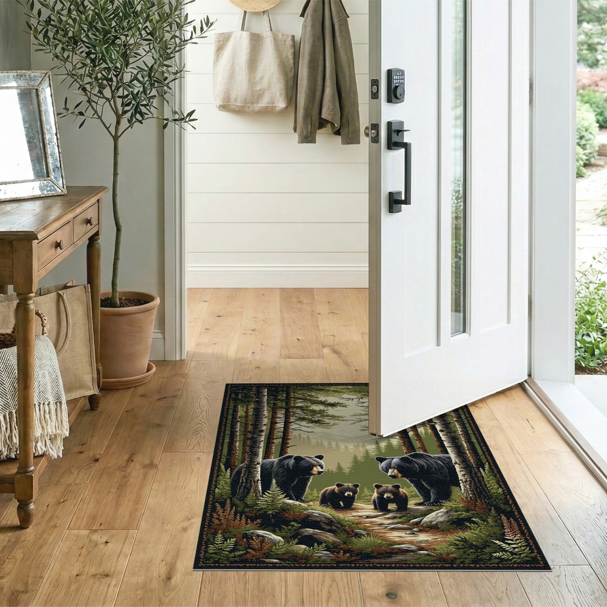 Black Bear Family Forest Path Area Rug