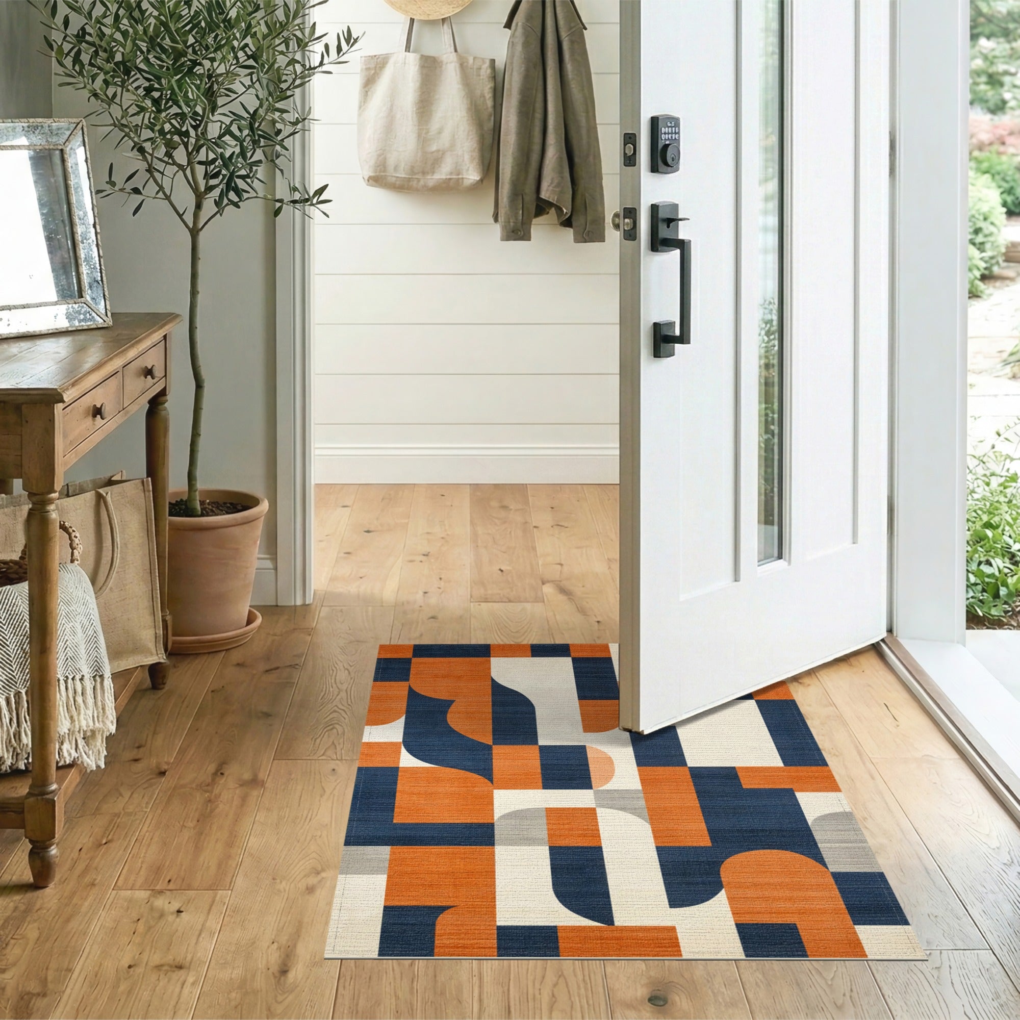 Washable Modern Geometric Color Block Area Rug - Navy & Orange