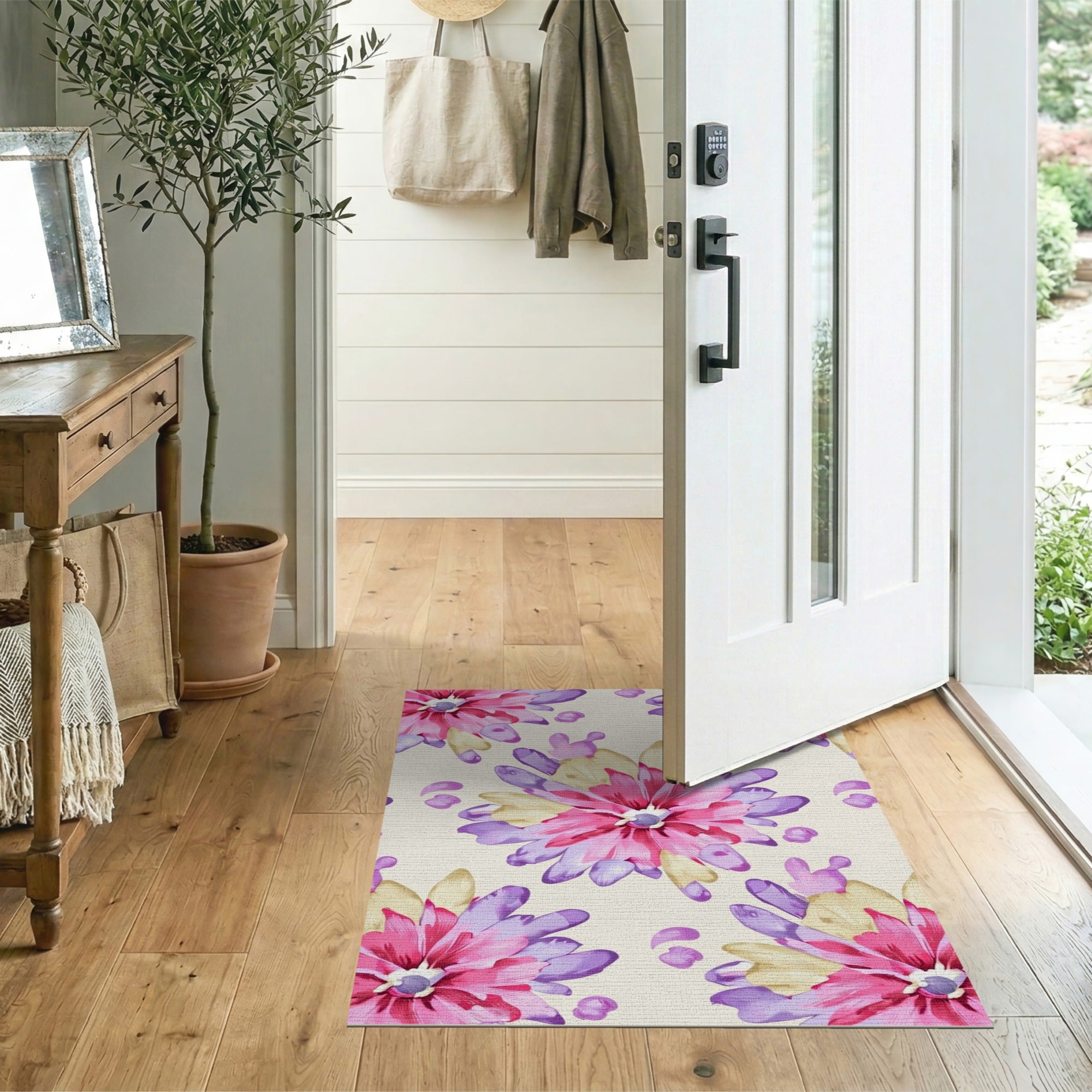 ODIKA Pink & Purple Floral Washable Area Rug - Low Pile Non-Slip Indoor Carpet, Pet & Kid Friendly