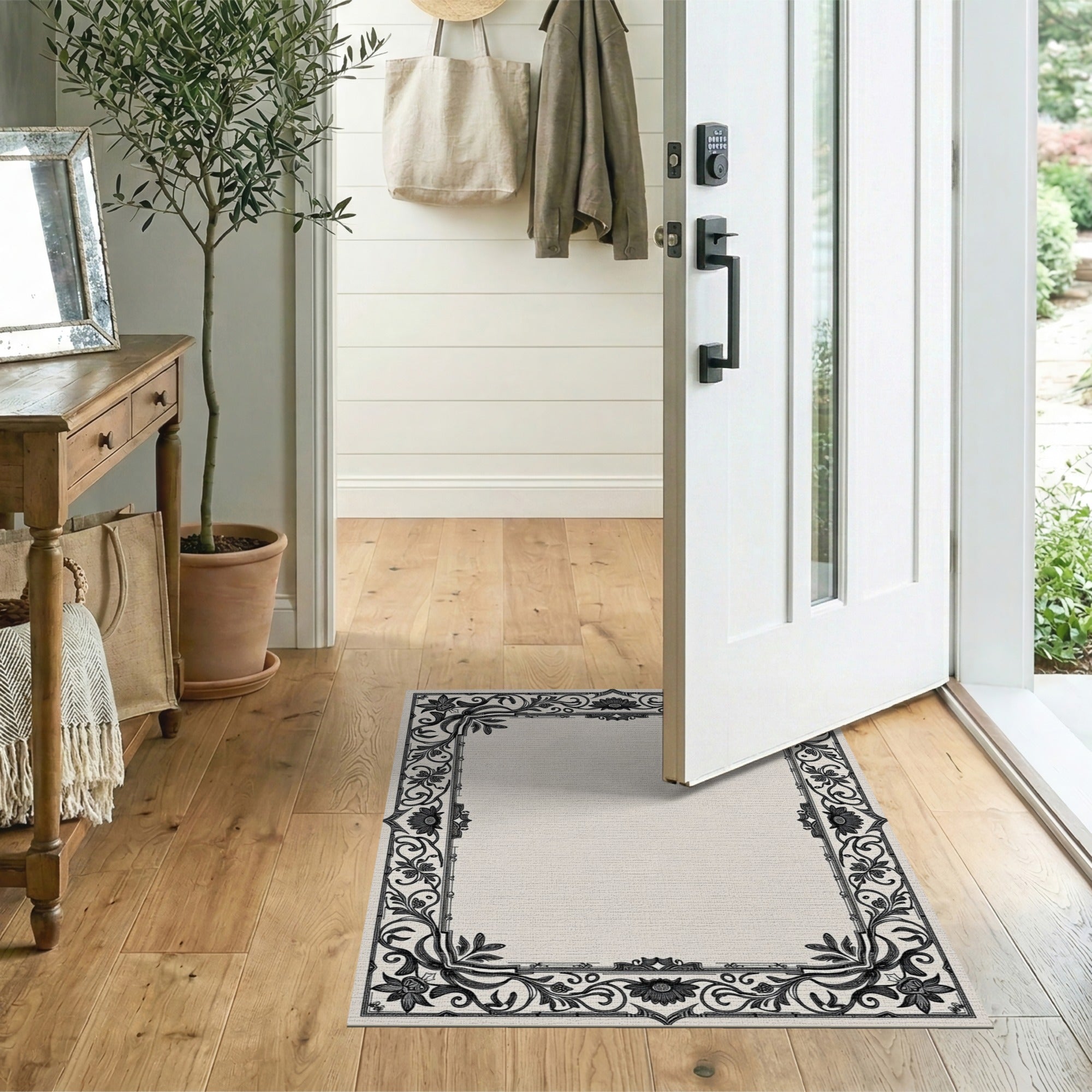 Floral Vintage Ornate Black Floral Border Area Rug