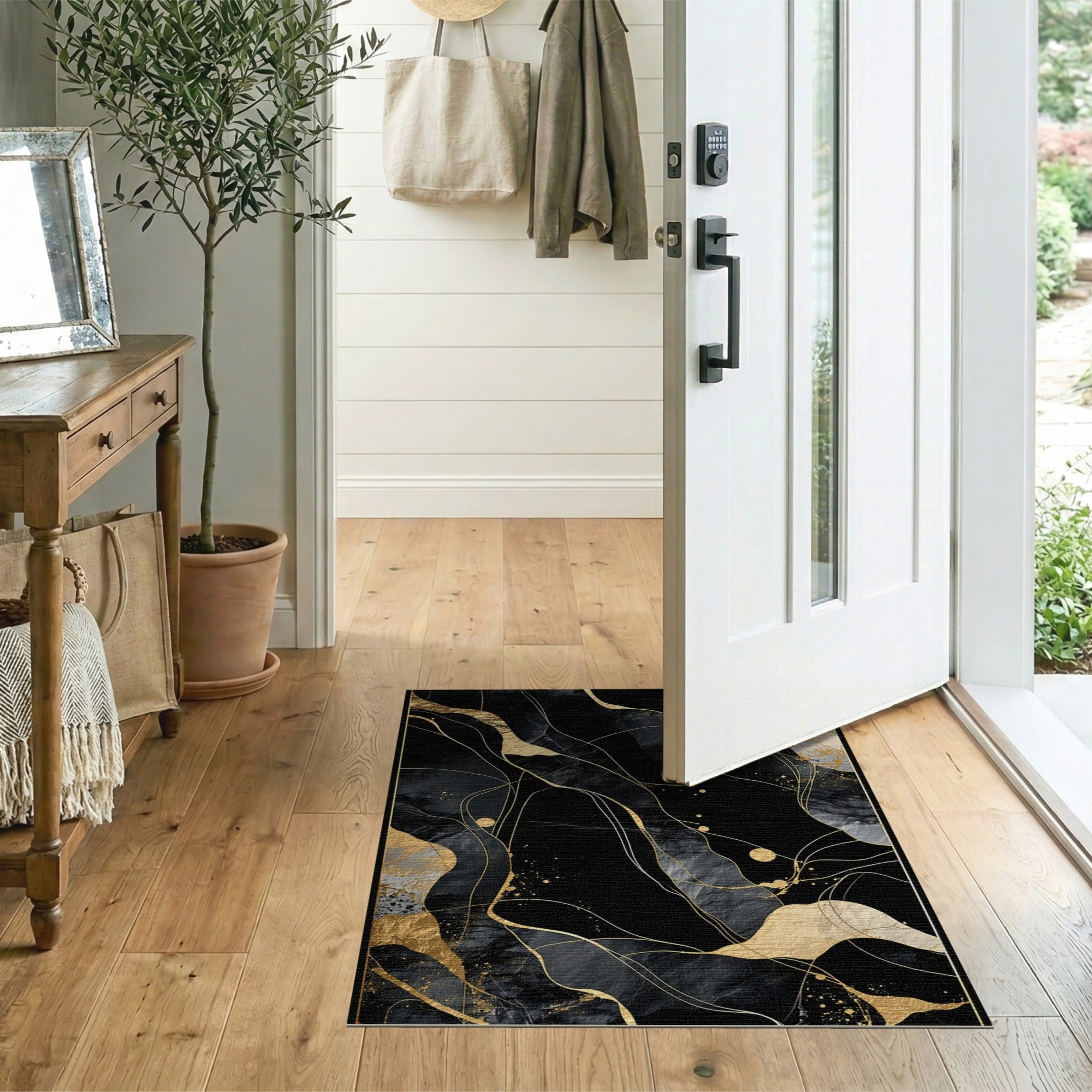 Black Gold Fluid Abstract Area Rug