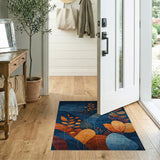 ODIKA Washable Abstract Botanical Area Rug - Navy & Orange Modern Low Pile Non-Slip Rug