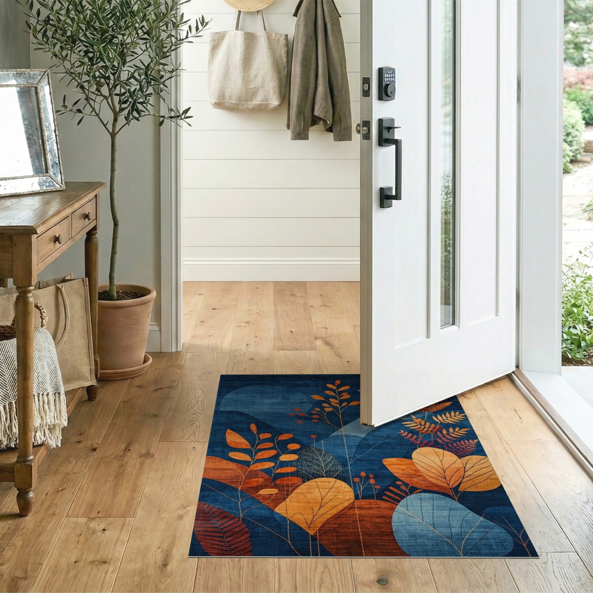 ODIKA Washable Abstract Botanical Area Rug - Navy & Orange Modern Low Pile Non-Slip Rug