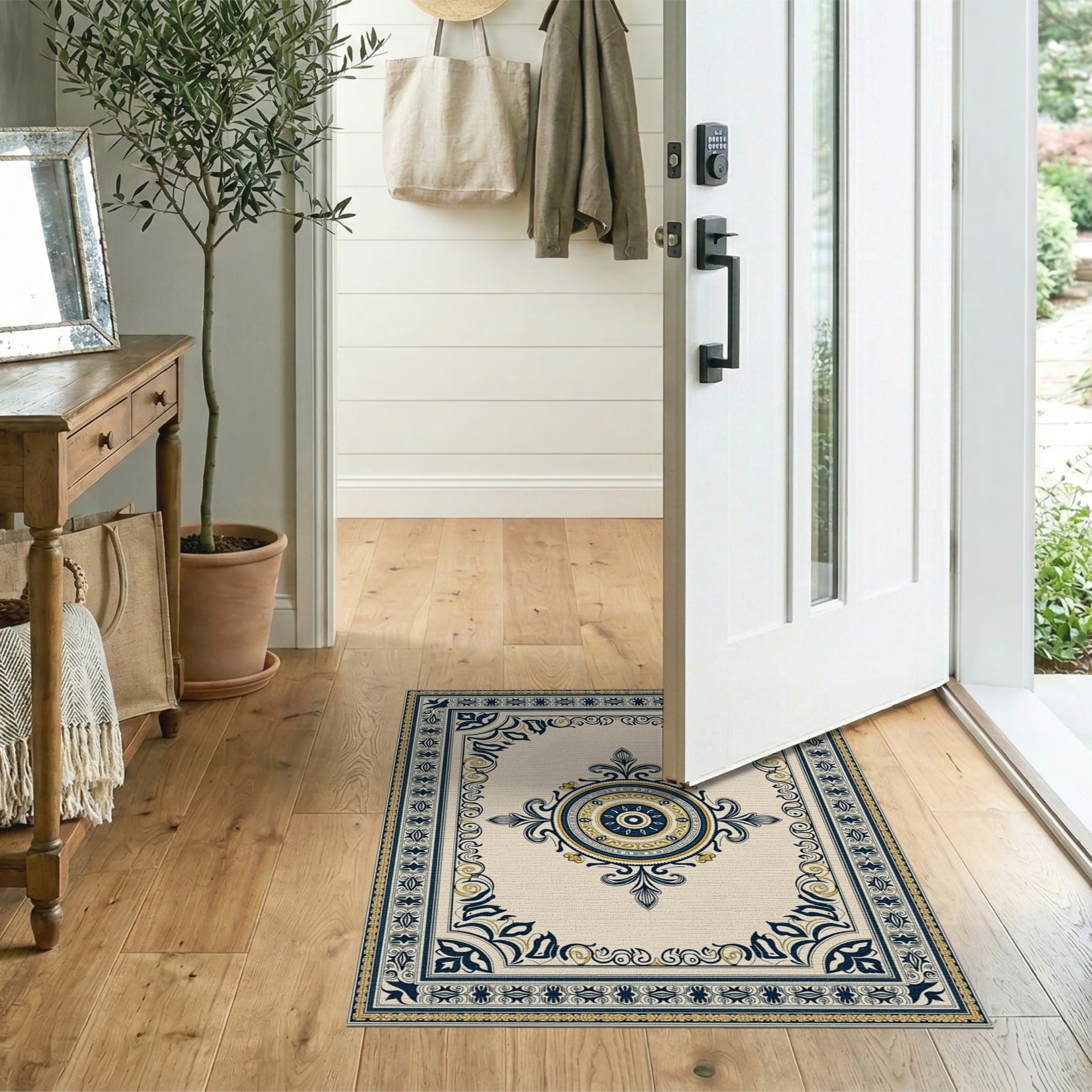 Ornate Navy Blue and Gold Medallion Area Rug