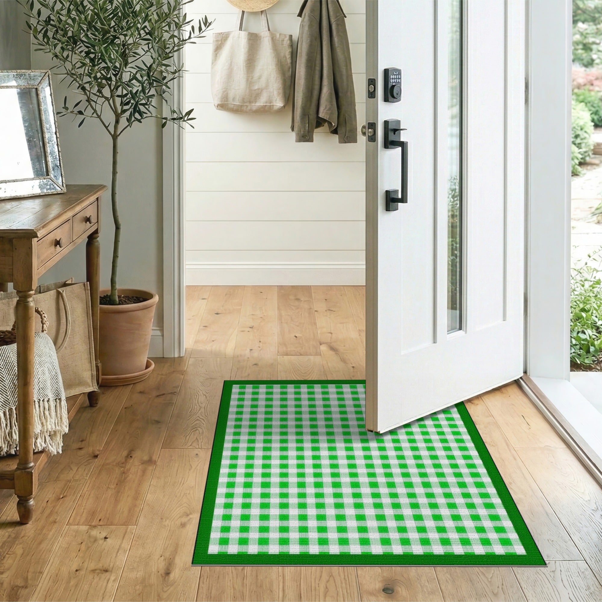 Rustic Farmhouse Green Gingham Checkered Area Rug