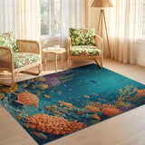 ODIKA Washable Underwater Sea Turtle Coral Reef Nursery Rug - Low Pile Non-Slip Area Rug