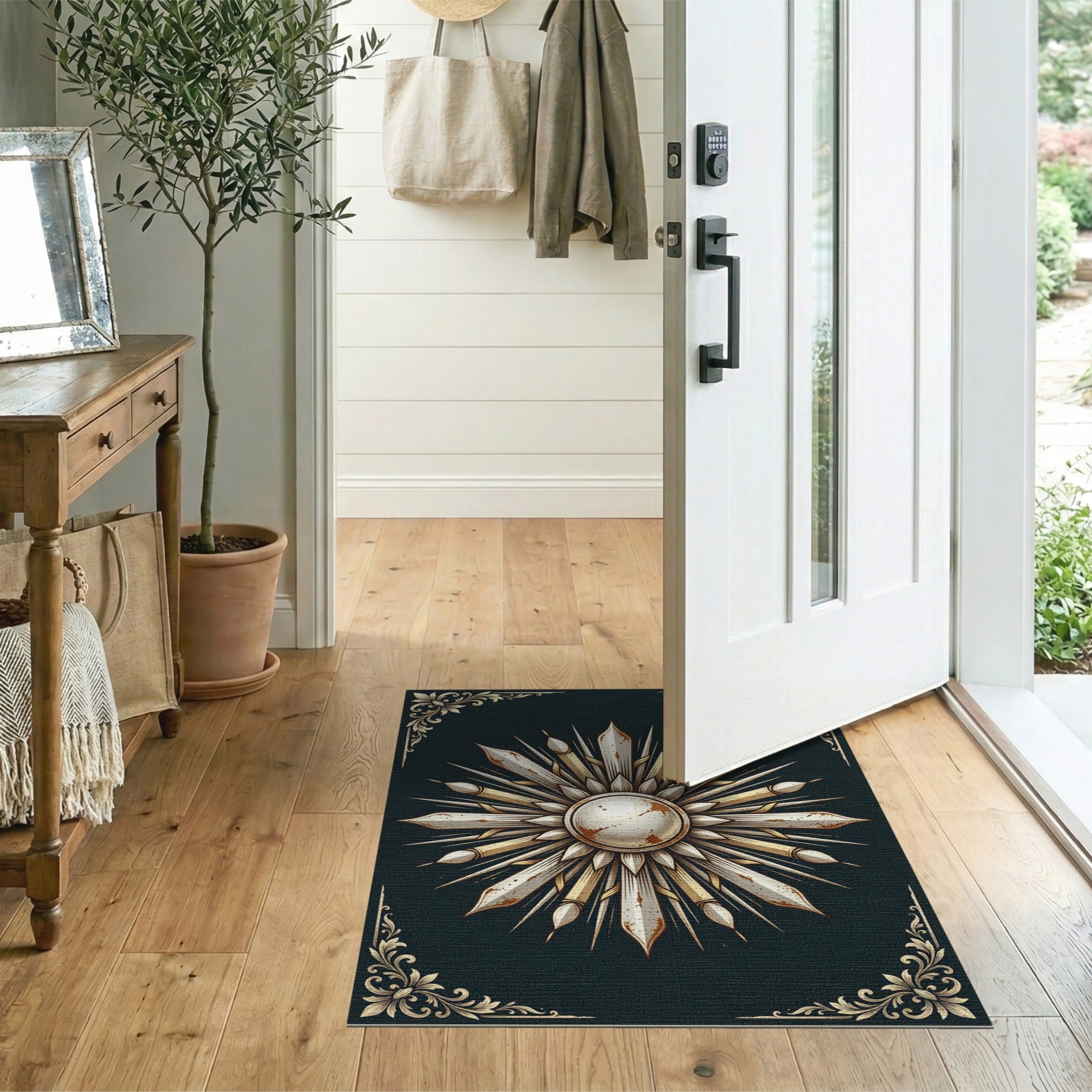Ornate Distressed Sunburst Gold Area Rug