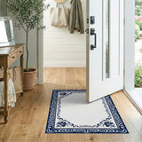 Navy Blue Ornate Floral Border Rug