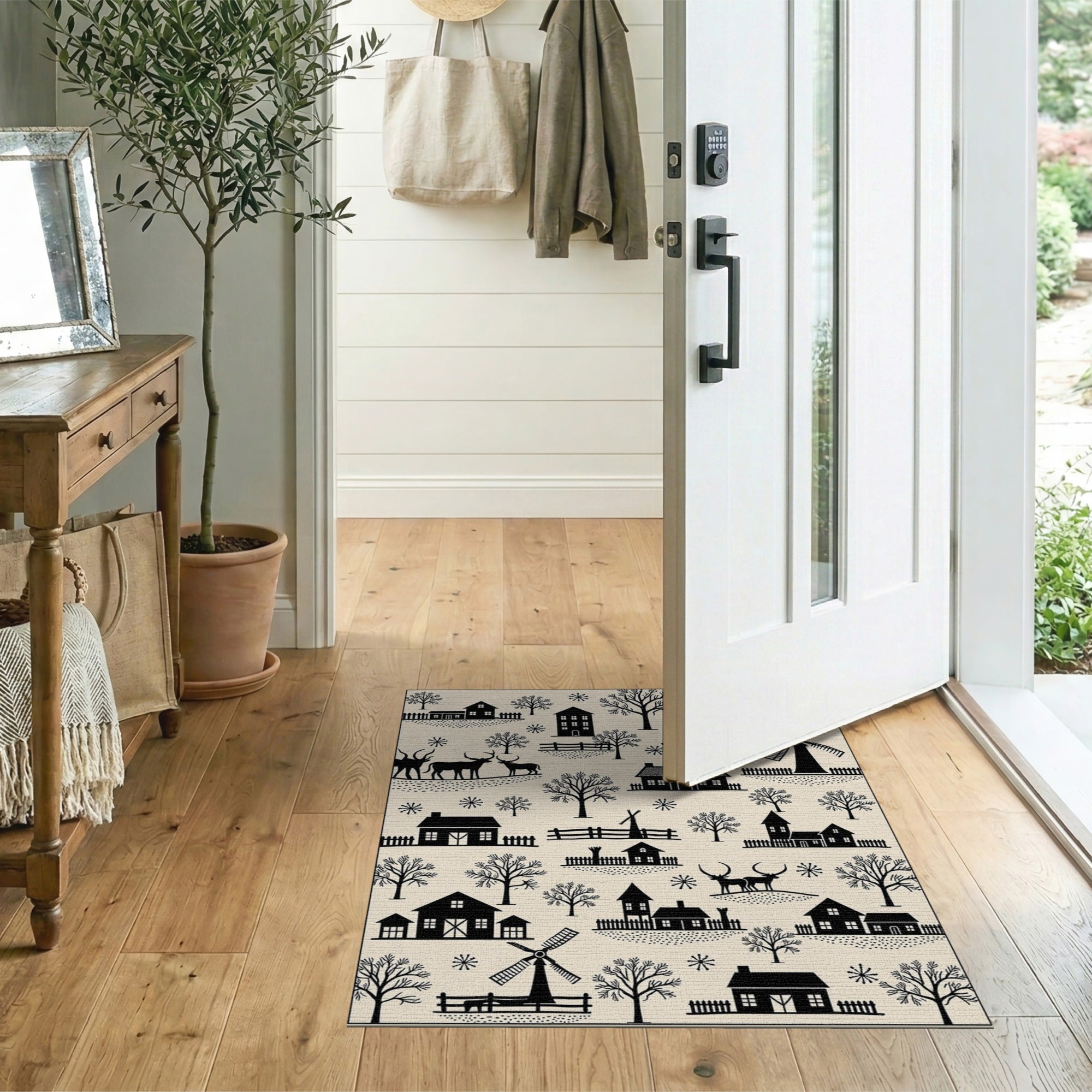 Beige Winter Village Windmill Silhouette Rug