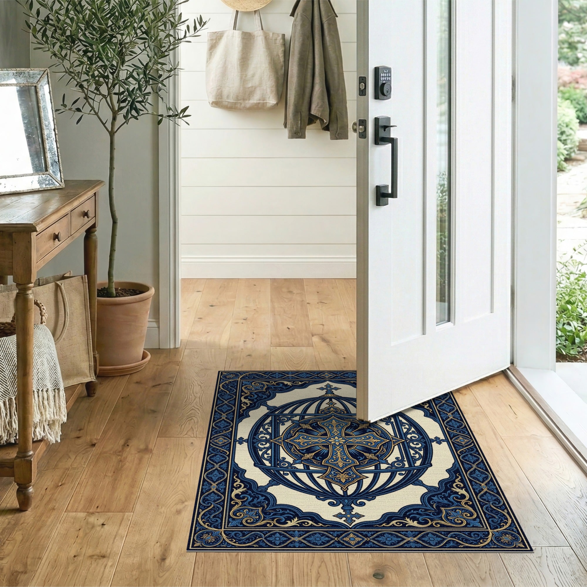 Ornate Navy Birdcage Cross Area Rug