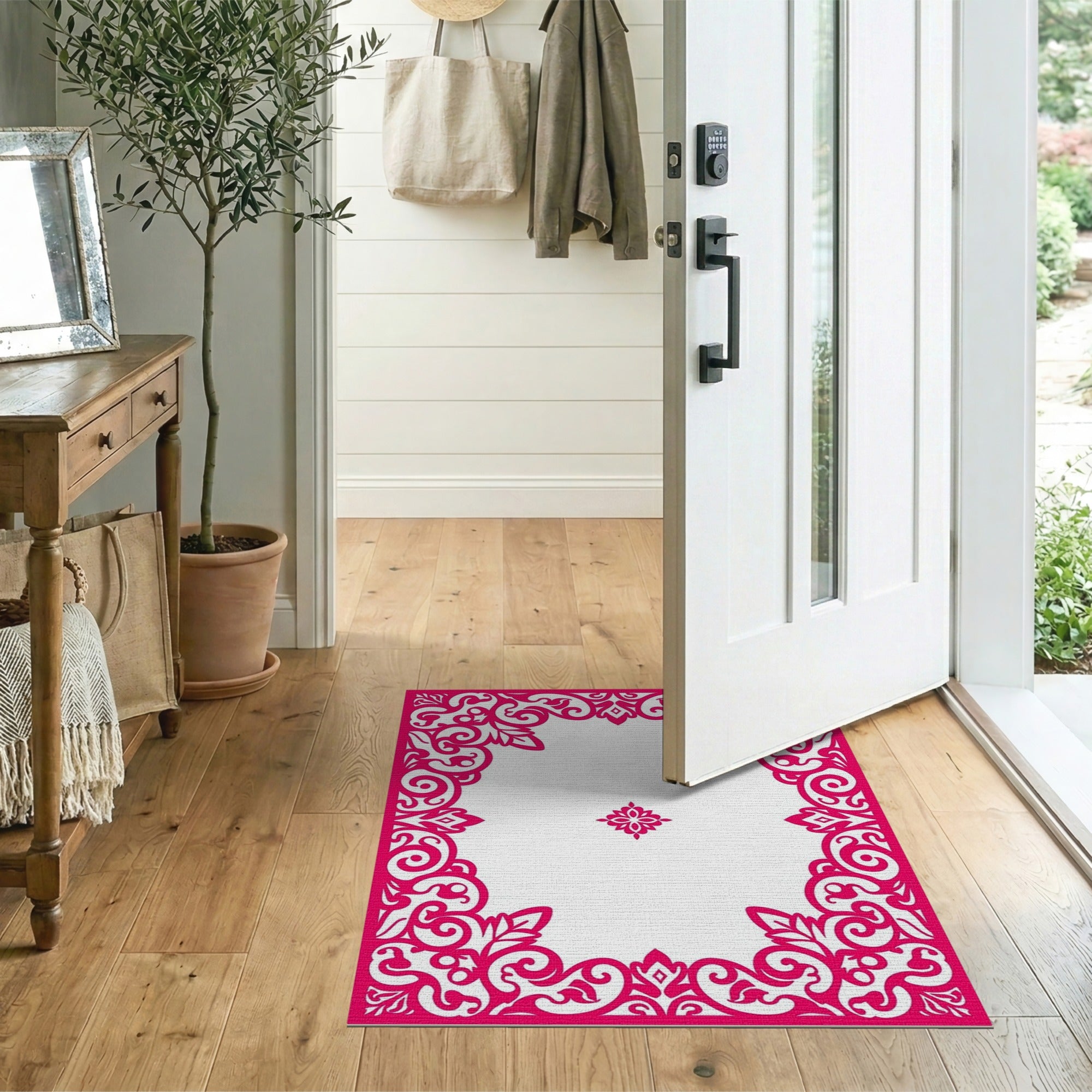 Ornate Pink Floral Lace Border Rug