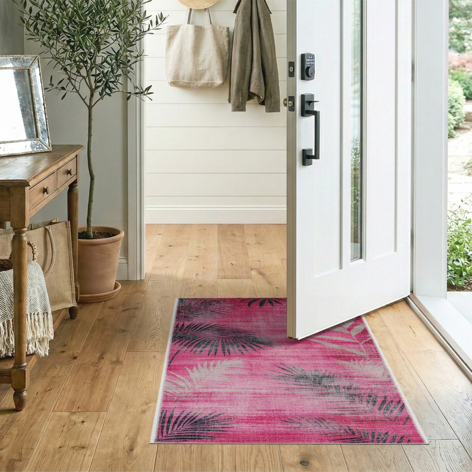 Pink Palm Frond Distressed Vintage Area Rug
