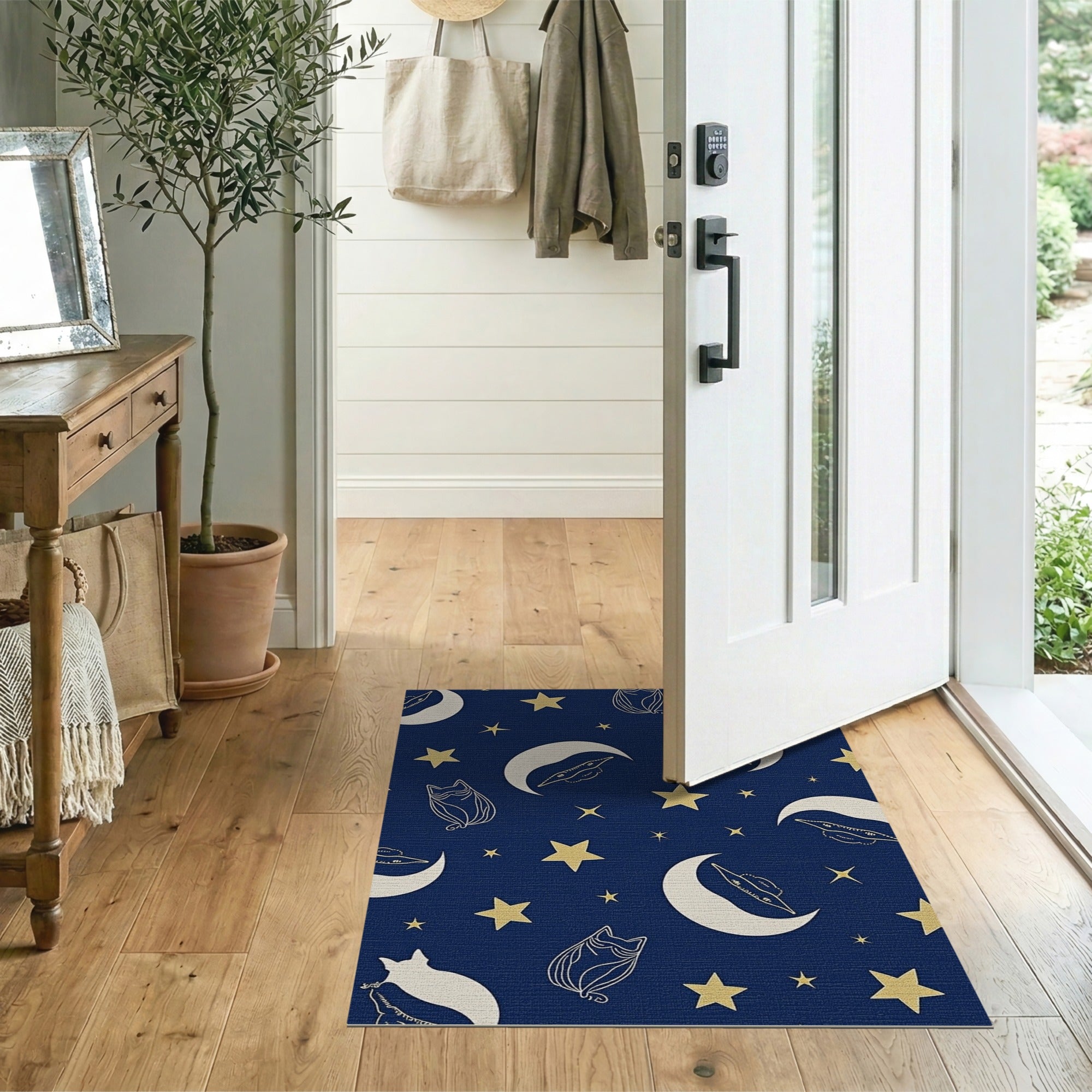 Whimsical Navy Cats UFOs Moons Stars Area Rug